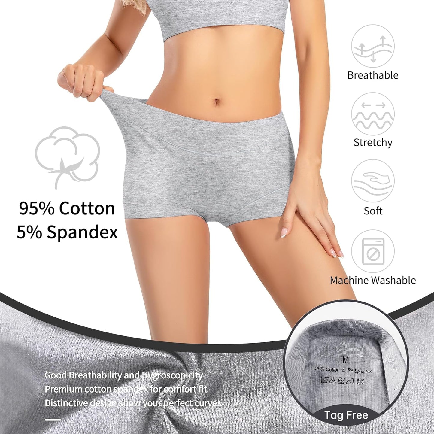 Womens Seamless Boy Shorts Underwear Soft Stretch Boxer Shorts Briefs No Show Panties 2 Packs Black Grey