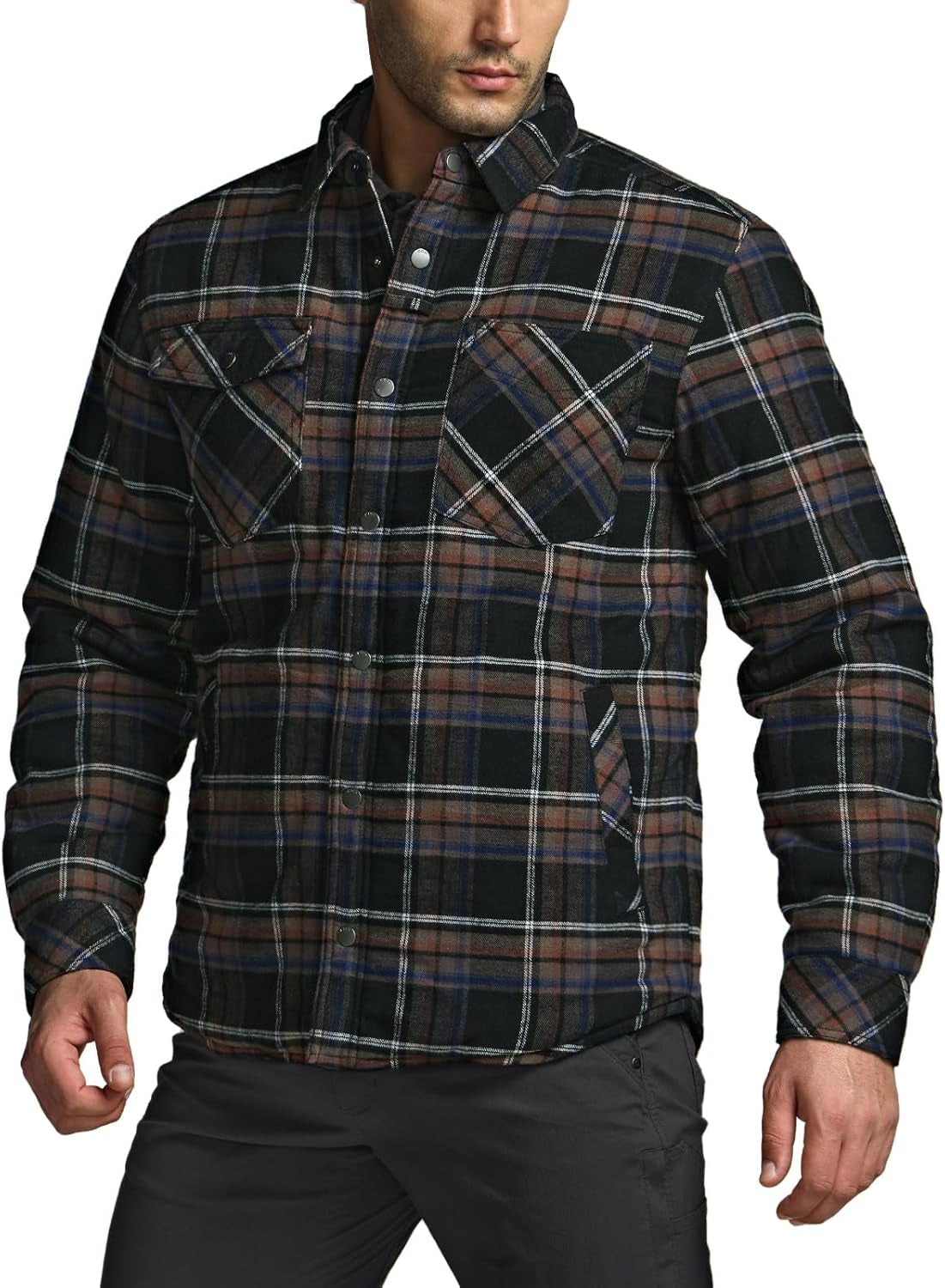 Men'S Plaid Flannel Shirt Jacket, Long Sleeve Soft Warm Sherpa/Quilted Lined Jacket, Outdoor Button Up/Zip-Front Jacket
